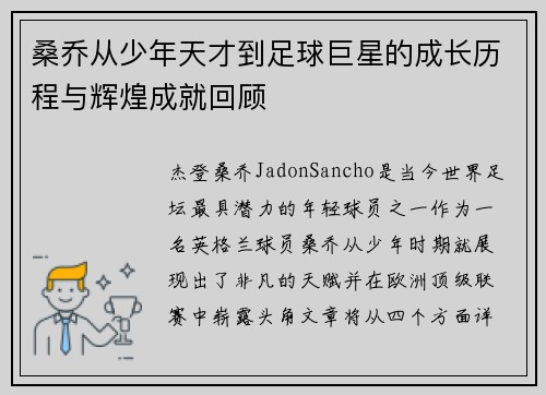 桑乔从少年天才到足球巨星的成长历程与辉煌成就回顾 桑乔从少年天才到足球巨星的成长历程与辉煌成就回顾