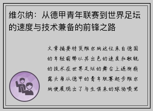 维尔纳:从德甲青年联赛到世界足坛的速度与技术兼备的前锋之路 维尔纳:从德甲青年联赛到世界足坛的速度与技术兼备的前锋之路